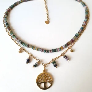 collier vitae double rang en perles de jade et de rhodochrosite avec breloques et pendentif arbre de vie