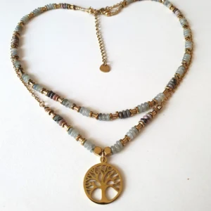 collier vitae double rang en perles de jade et de rhodochrosite et perles en hématite dorée et pendentif arbre de vie. Zoom